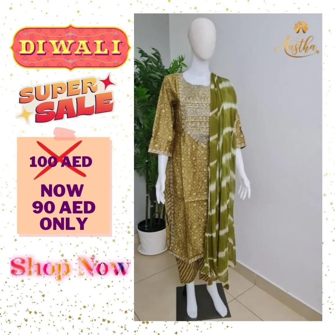 Muslin Three Piece Set With Golden Threadwork - Diwali Sale